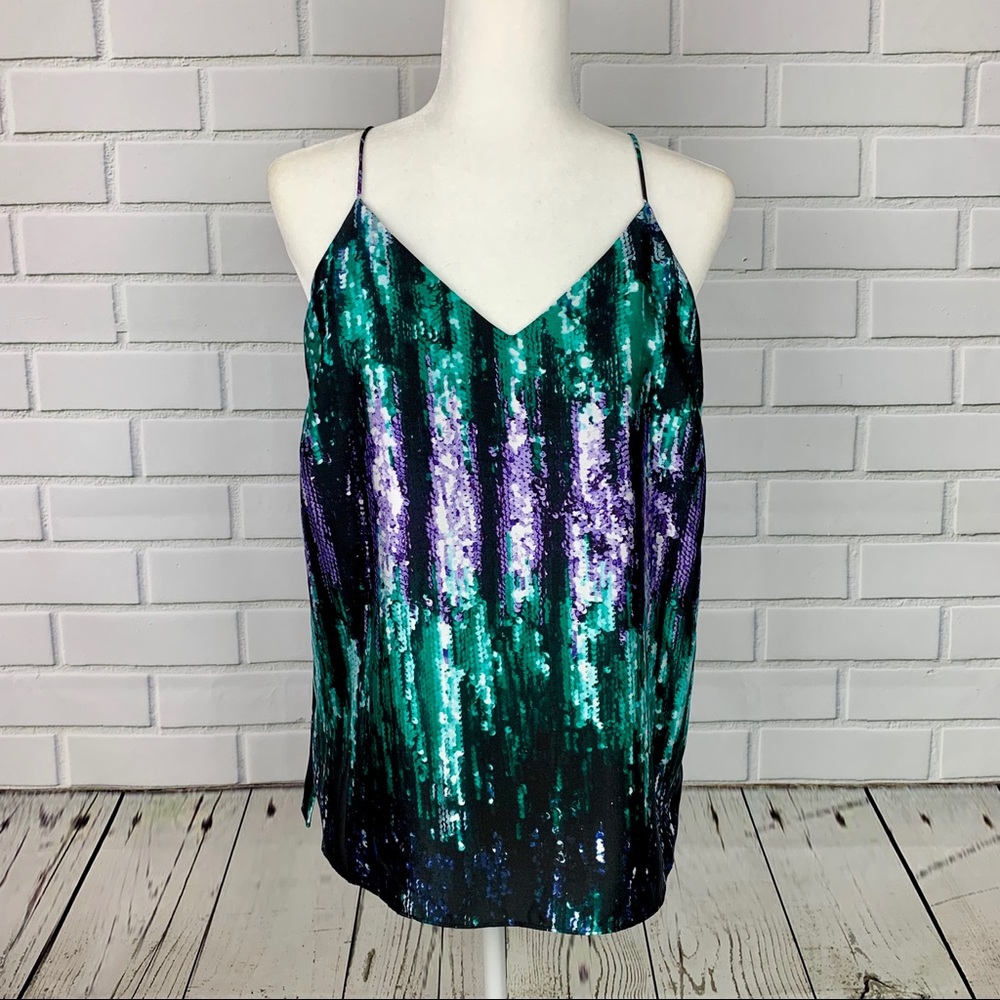 🔥BAR III🔥PRINTED SEQUIN LOOK TANK TOP SPAGHETTI T-STRAPS DISCO GLAM SMALL NWT - Picture 3 of 5